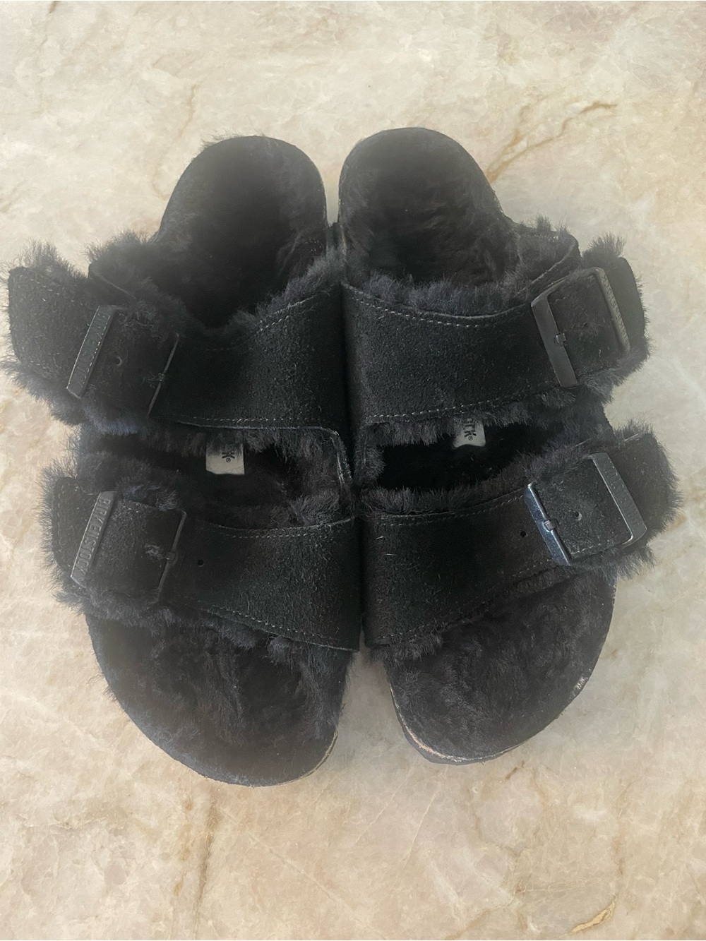 Birkenstock Black Faux-Fur Double Buckle Slide Clogs